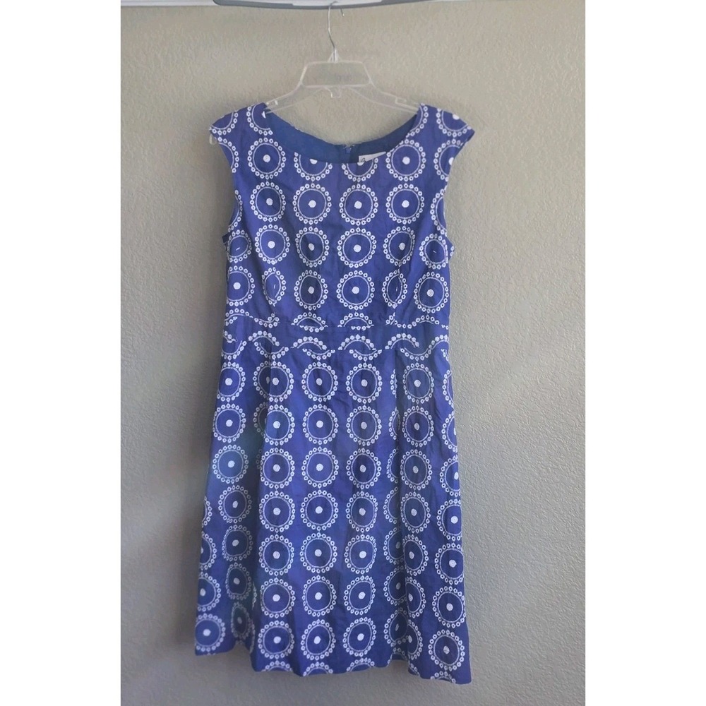 Bea & Dot By Modcloth Dress Blue White Embroidered Fit Flare Pockets Size L